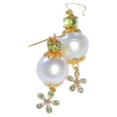 White South Sea Pearl, Natural Emerald, Natural Peridot Earrings in 14/18K Gold