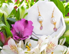 White South Sea Pearl, Natural Pink Sapphire Earrings in 18K Solid Yellow Gold