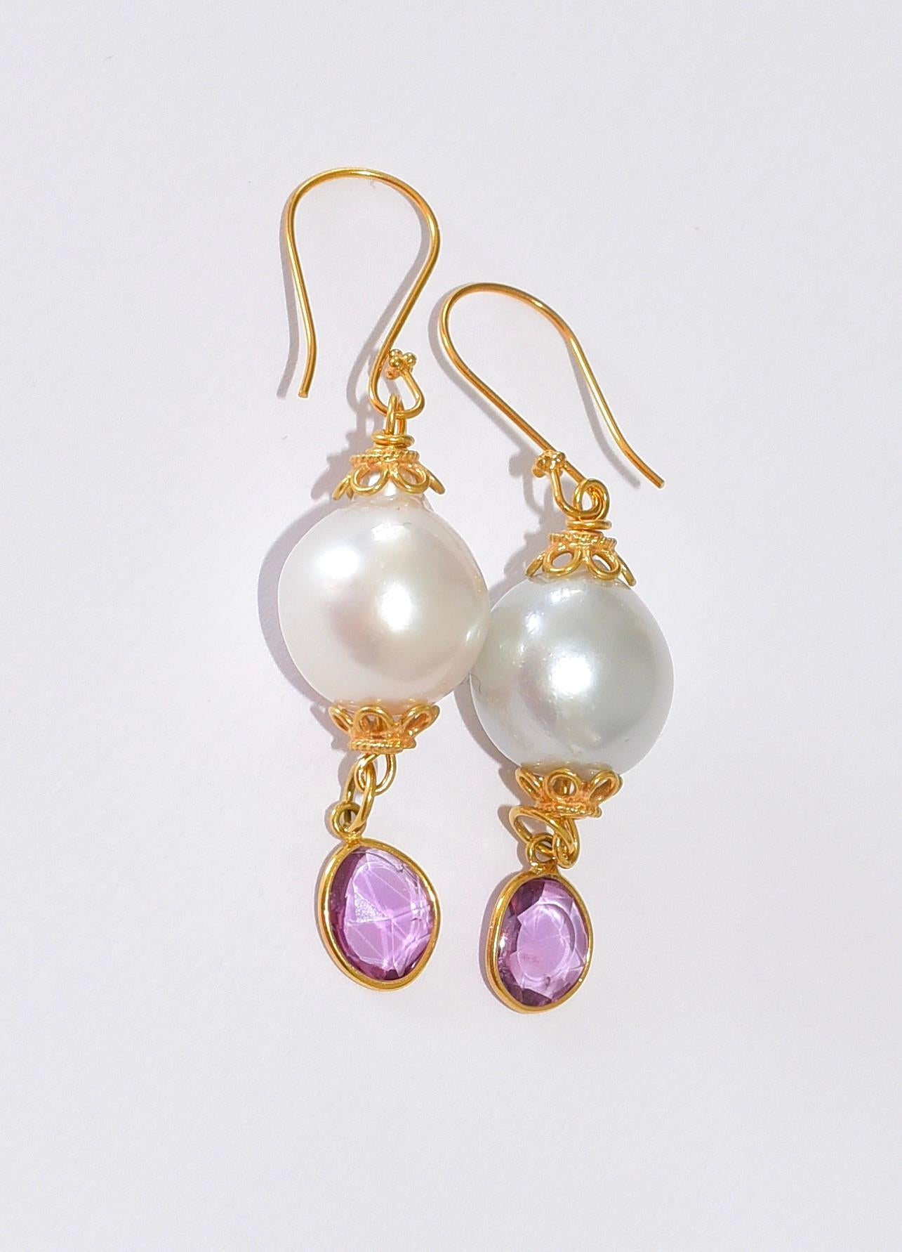 Rose Cut White South Sea Pearl, Natural Pink Sapphire Earrings in 18K Solid Yellow Gold For Sale