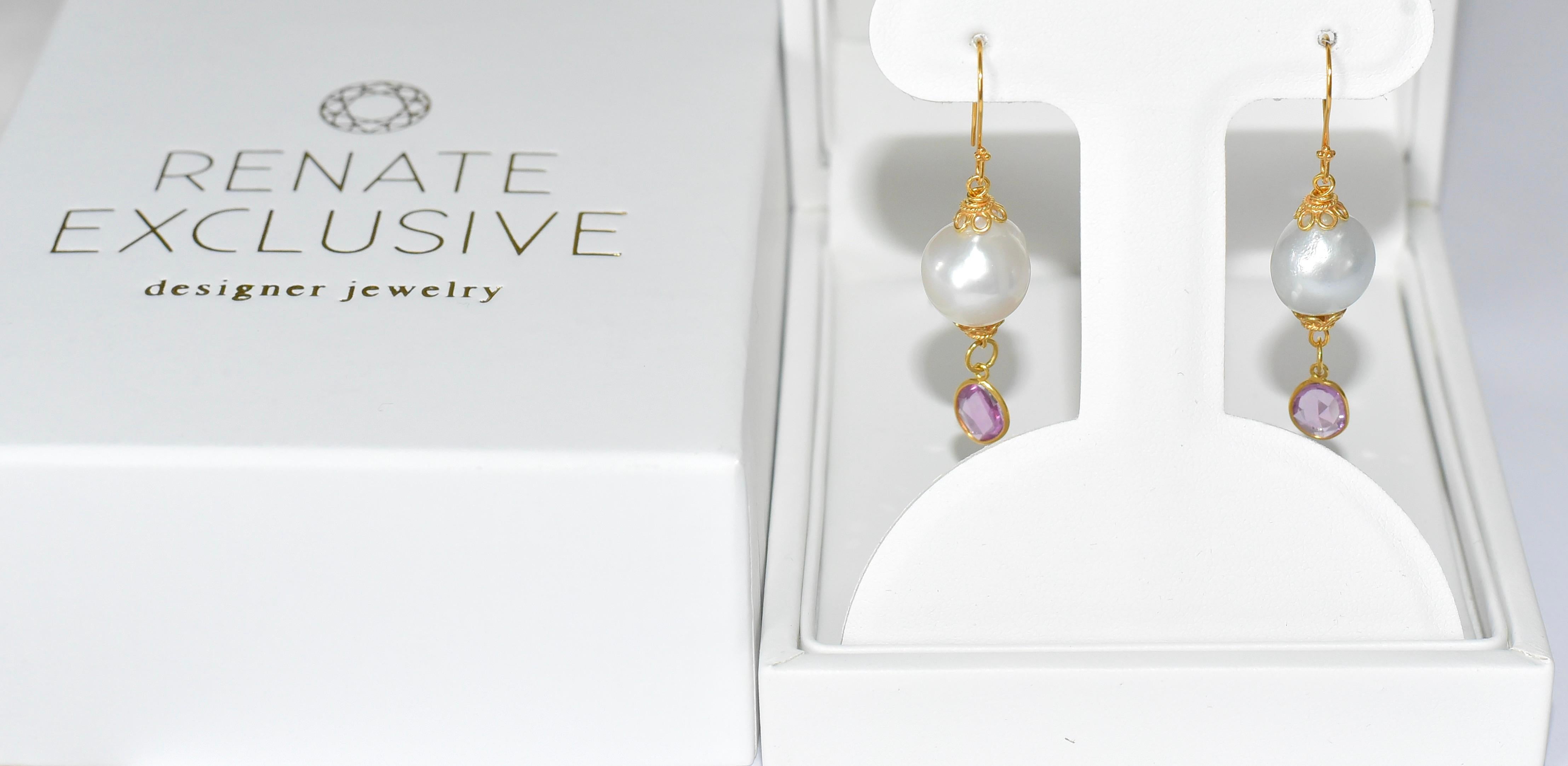 Artisan White South Sea Pearl, Natural Pink Sapphire Earrings in 18K Solid Yellow Gold For Sale
