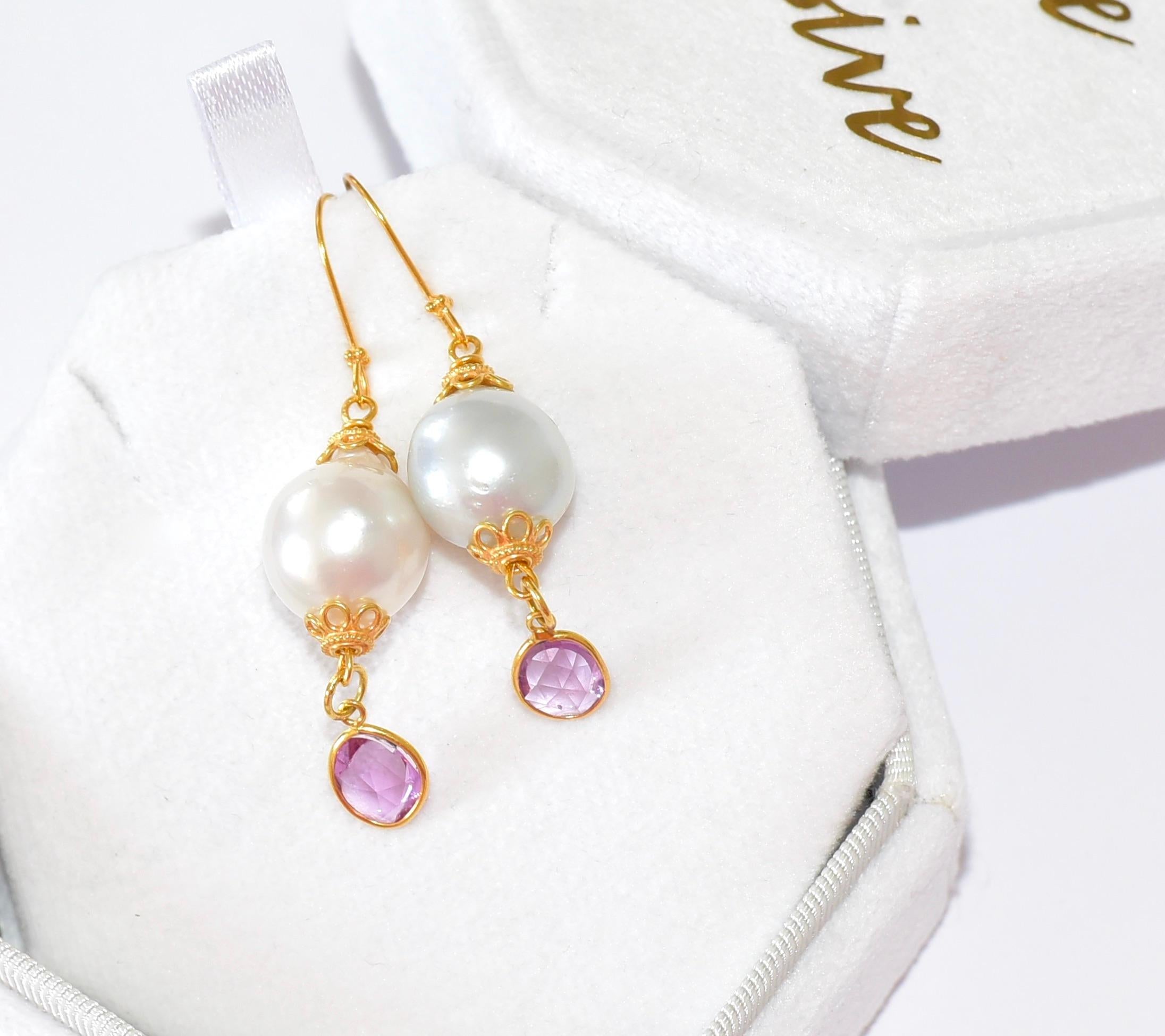 Women's White South Sea Pearl, Natural Pink Sapphire Earrings in 18K Solid Yellow Gold For Sale