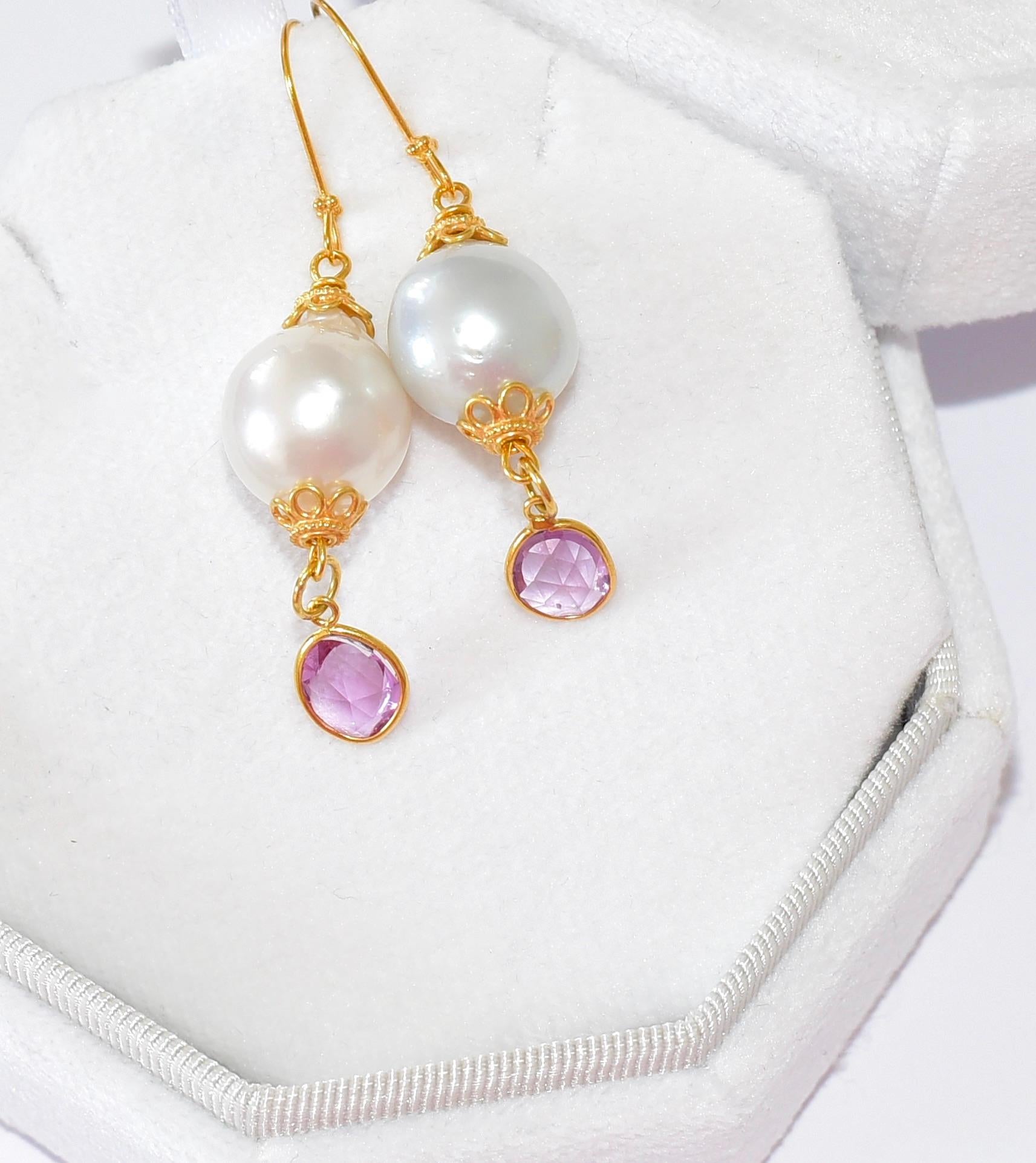 White South Sea Pearl, Natural Pink Sapphire Earrings in 18K Solid Yellow Gold For Sale 3
