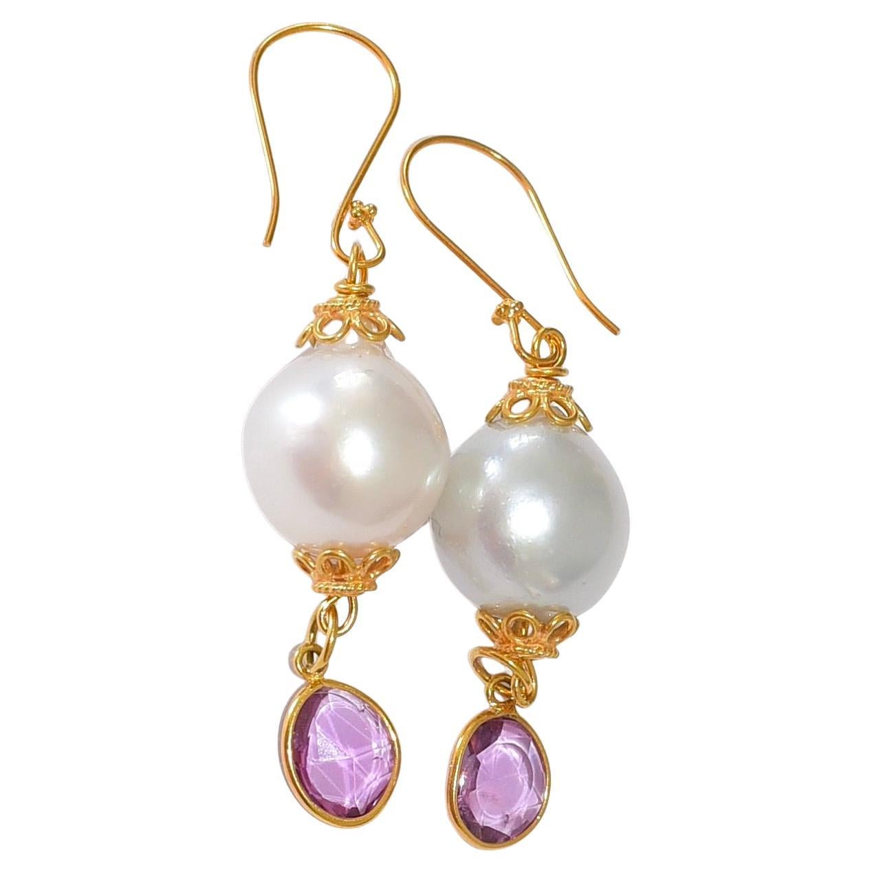 White South Sea Pearl, Natural Pink Sapphire Earrings in 18K Solid Yellow Gold For Sale