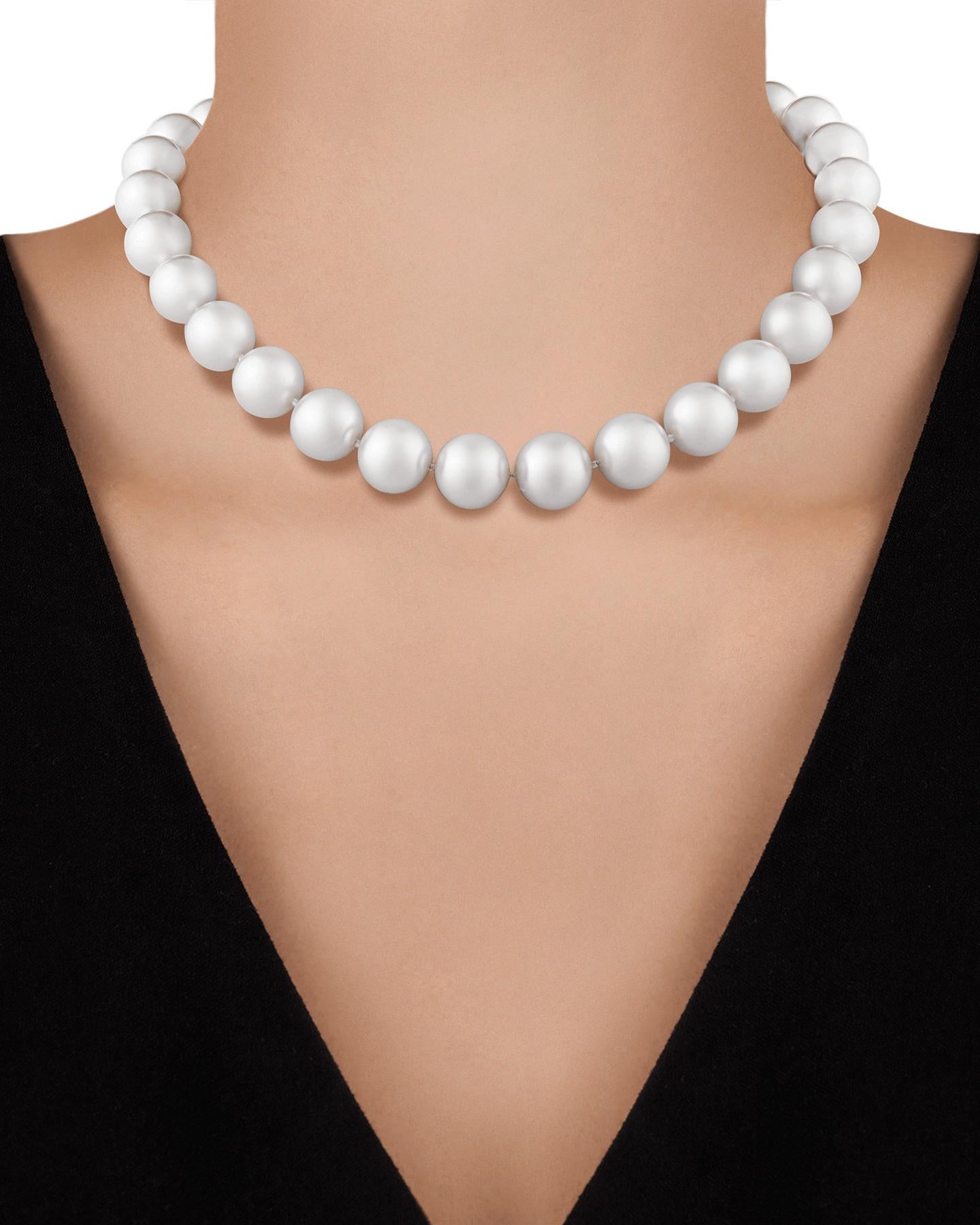 Twenty-nine lustrous South Sea pearls comprise this classic necklace. Measuring 13mm to 15mm, the pearls are perfectly matched in size and color. South Sea pearls are among the rarest and most desirable pearls in existence and are highly prized for