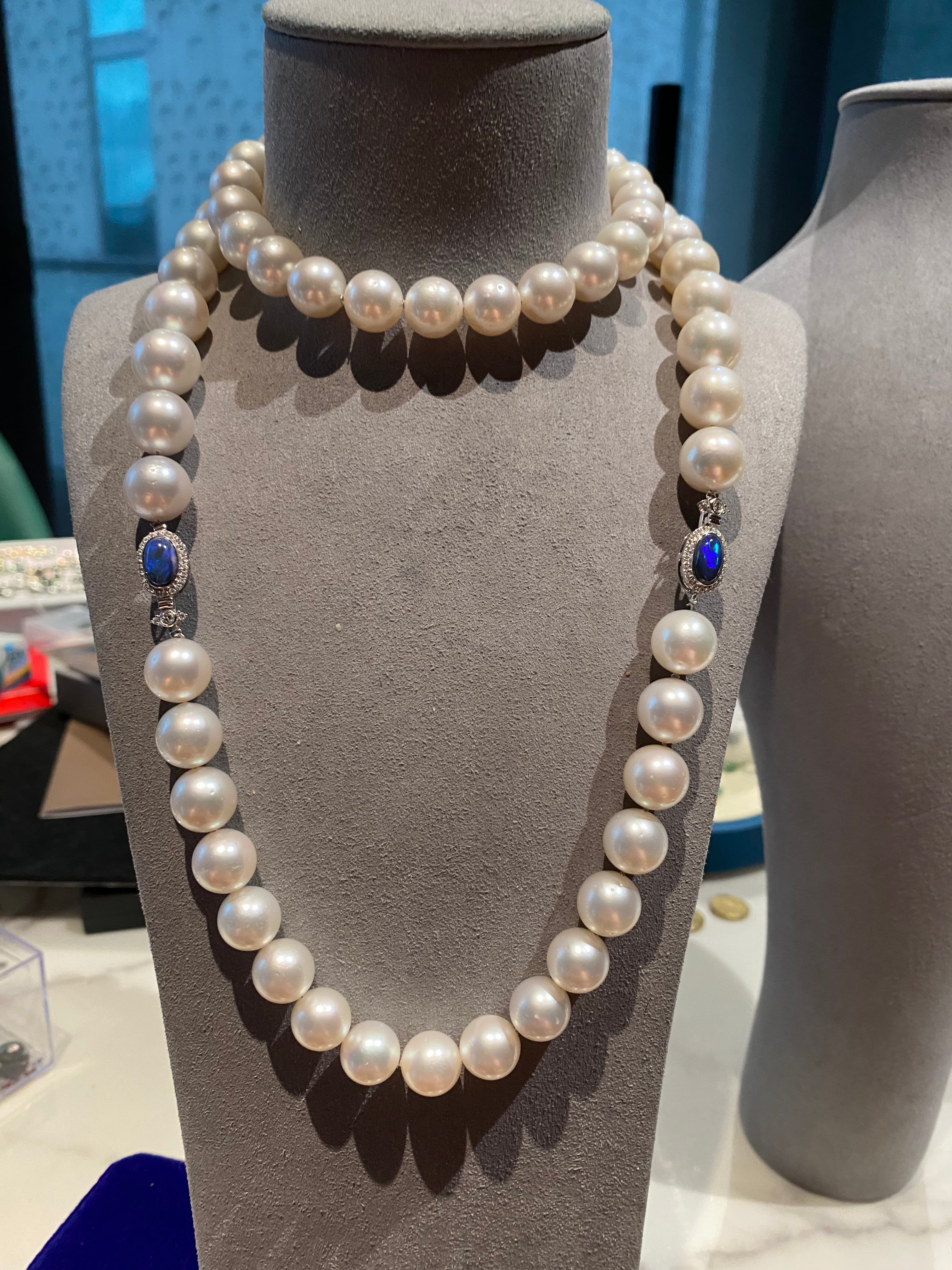  South Sea Pearl Necklace with Two Australian Solid Black Opal and Diamond Claps For Sale