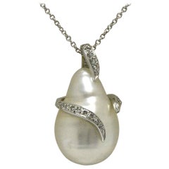 White South Sea Pearl Pendant Necklace Diamond Snake Wrap Baroque 14 Karat Gold