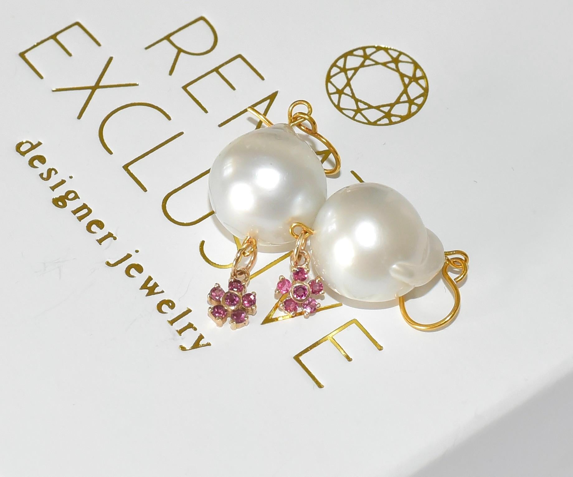 Bead White South Sea Pearl, Pink Tourmaline Daisy Charm in 14K Solid Yellow Gold