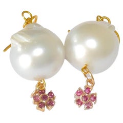White South Sea Pearl, Pink Tourmaline Daisy Charm in 14K Solid Yellow Gold
