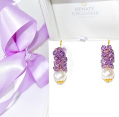 White South Sea Pearl, Rose De France Amethyst Earrings in 14K Solid Yellow Gold