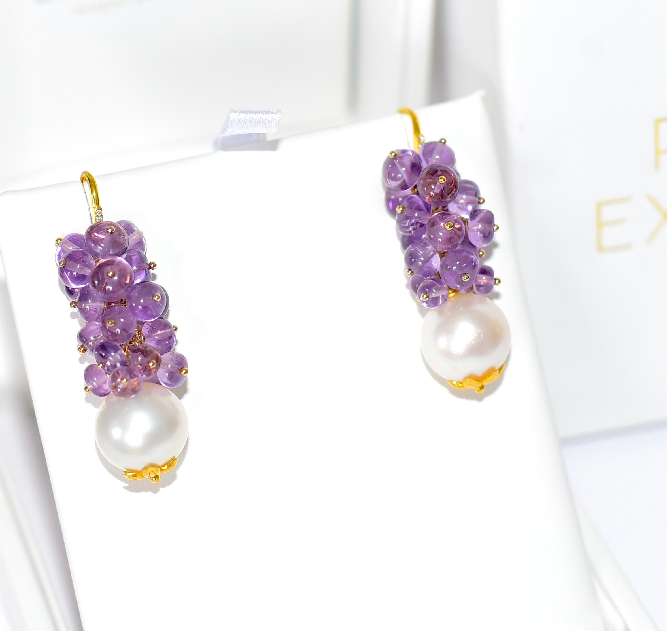 Modern White South Sea Pearl, Rose De France Amethyst Earrings in 14K Solid Yellow Gold For Sale