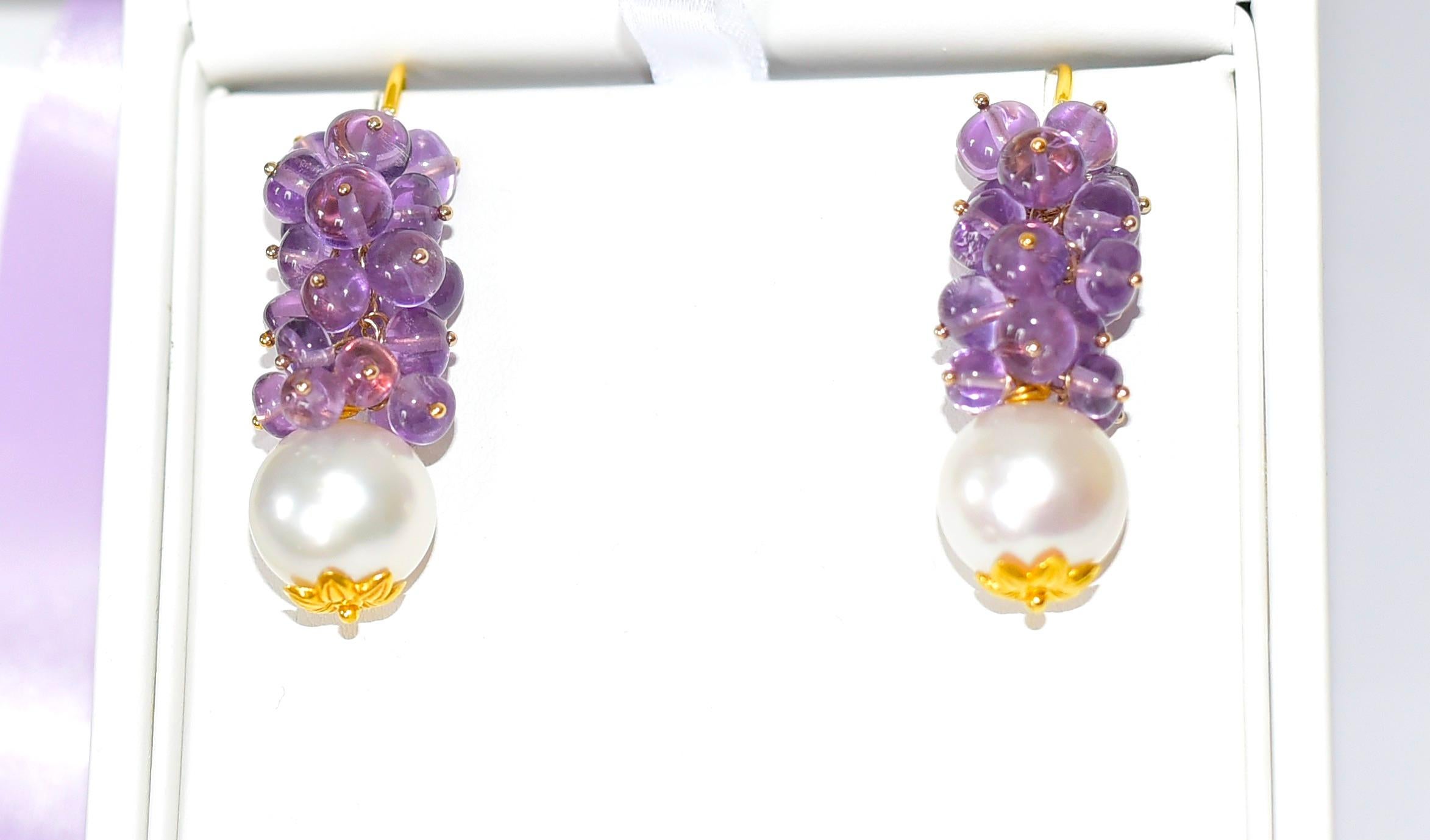 Bead White South Sea Pearl, Rose De France Amethyst Earrings in 14K Solid Yellow Gold For Sale