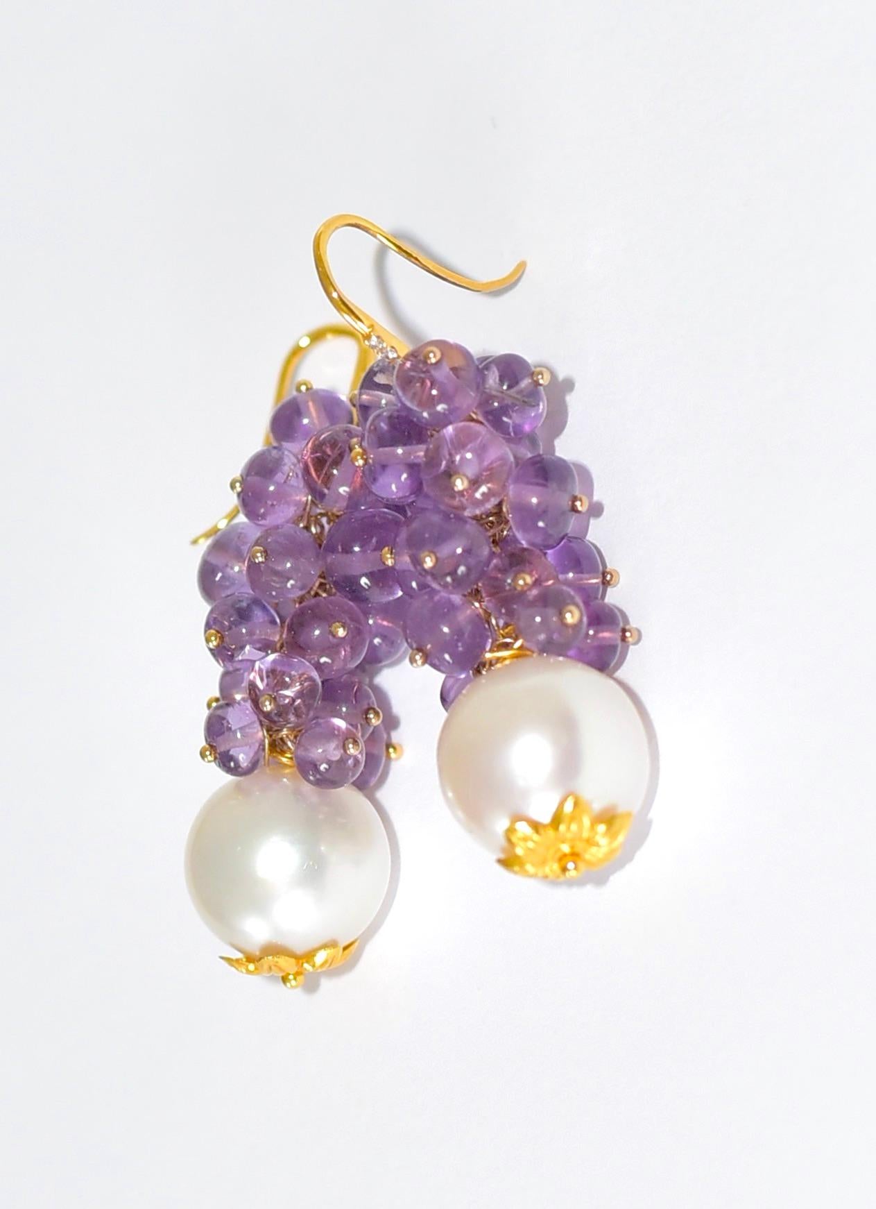 White South Sea Pearl, Rose De France Amethyst Earrings in 14K Solid Yellow Gold In New Condition For Sale In Astoria, NY