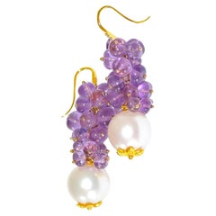 Boucles d'oreilles en or jaune massif 14 carats avec perles blanches des mers du Sud et améthyste rose de France