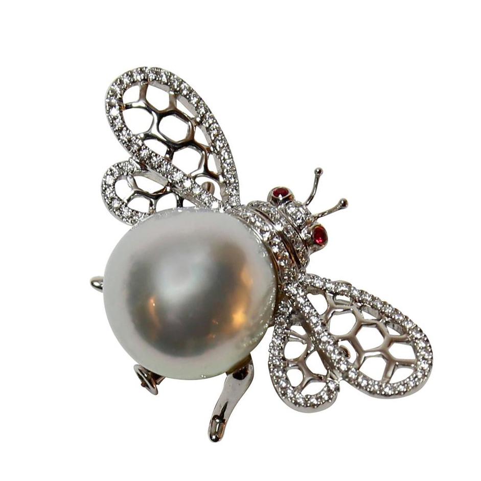 Modern South Sea Pearl Ruby Diamond Gold Bumble Bee Brooch Pin Estate Fine Jewelry For Sale
