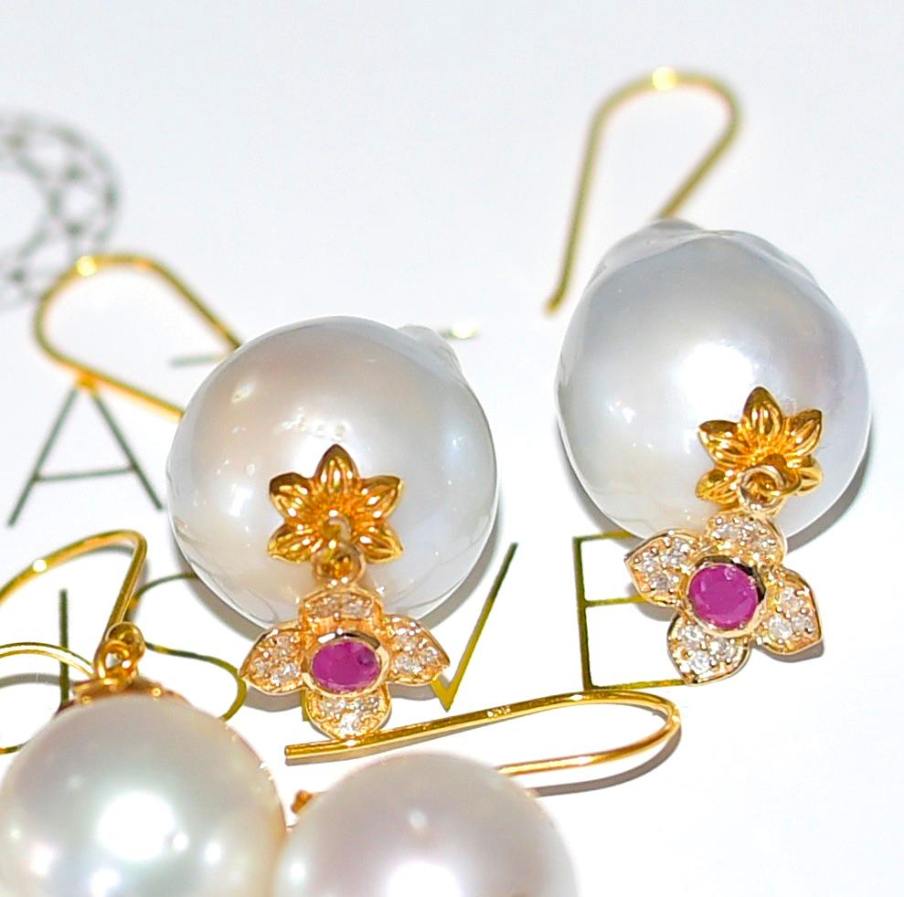 Artisan White South Sea Pearl, Ruby, Diamonds Earrings in 14/18 Solid Yellow Gold For Sale