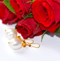 White South Sea Pearl, Ruby Earrings in 18K Solid Yellow Gold