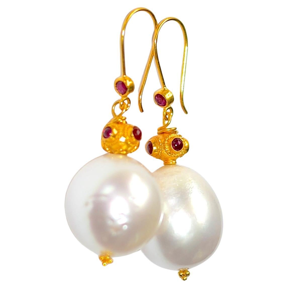 White South Sea Pearl, Ruby Earrings in 18K Solid Yellow Gold