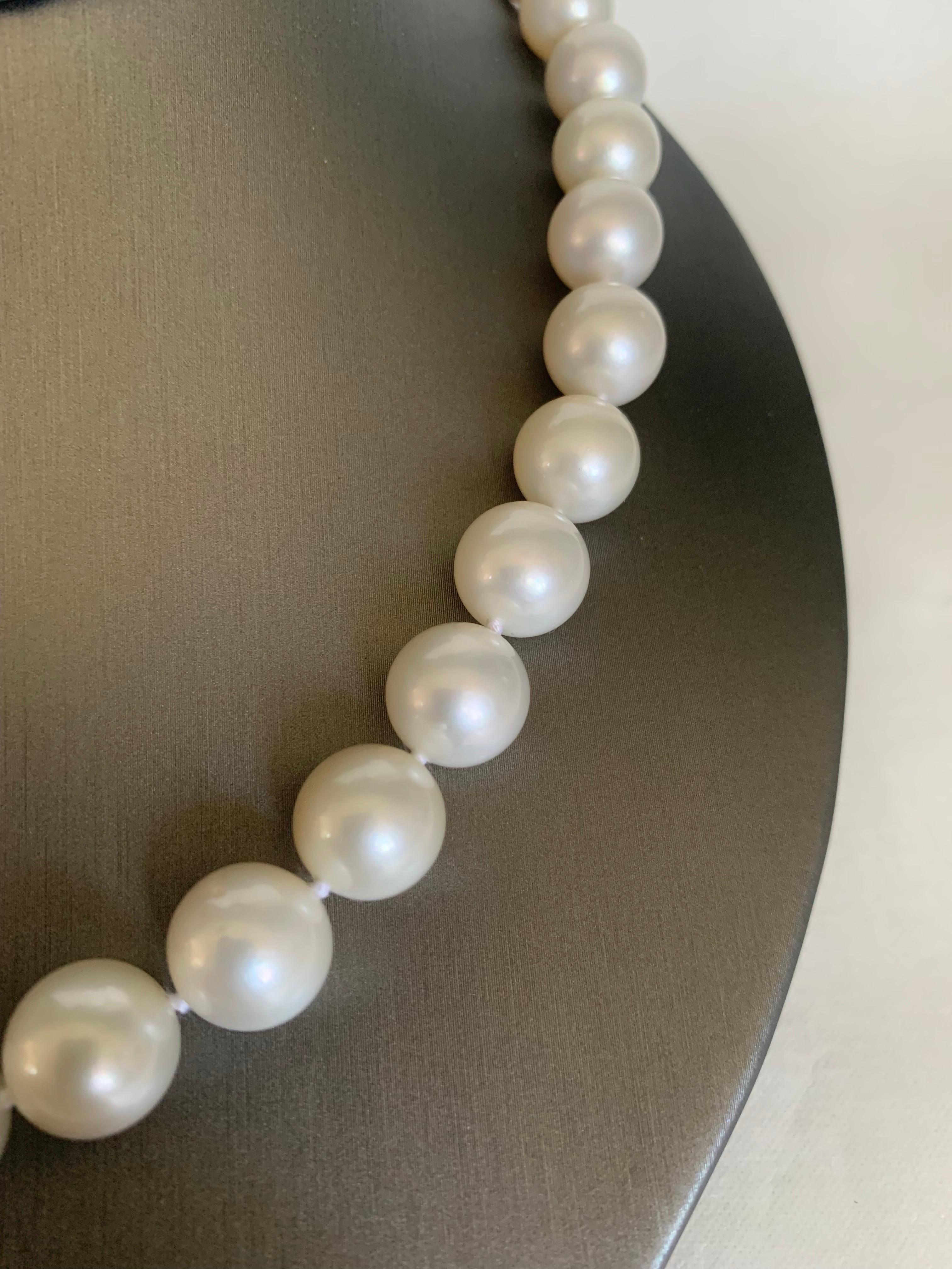 Round Cut White South Sea Pearl Strand Necklace with White Gold Clasp For Sale
