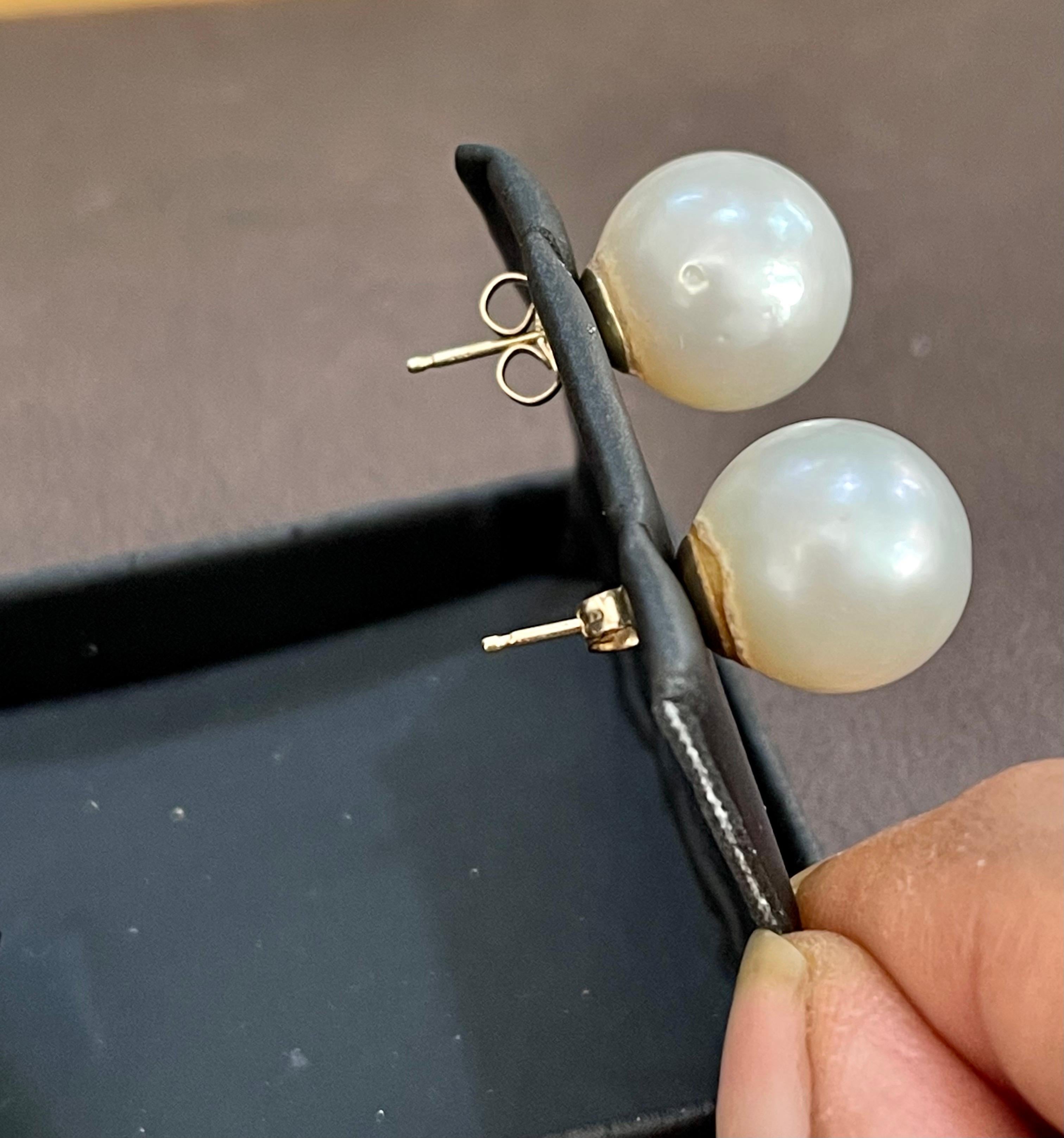 13 MM White South Sea Pearl Stud Earrings 14 Karat Yellow Gold In Excellent Condition In New York, NY
