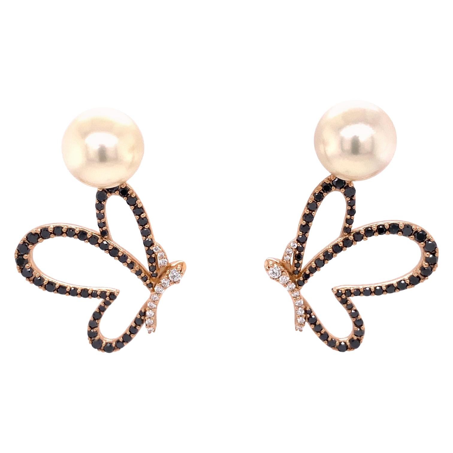 White South Sea Pearl Studs with Black and White Diamond Butterfly Jackets