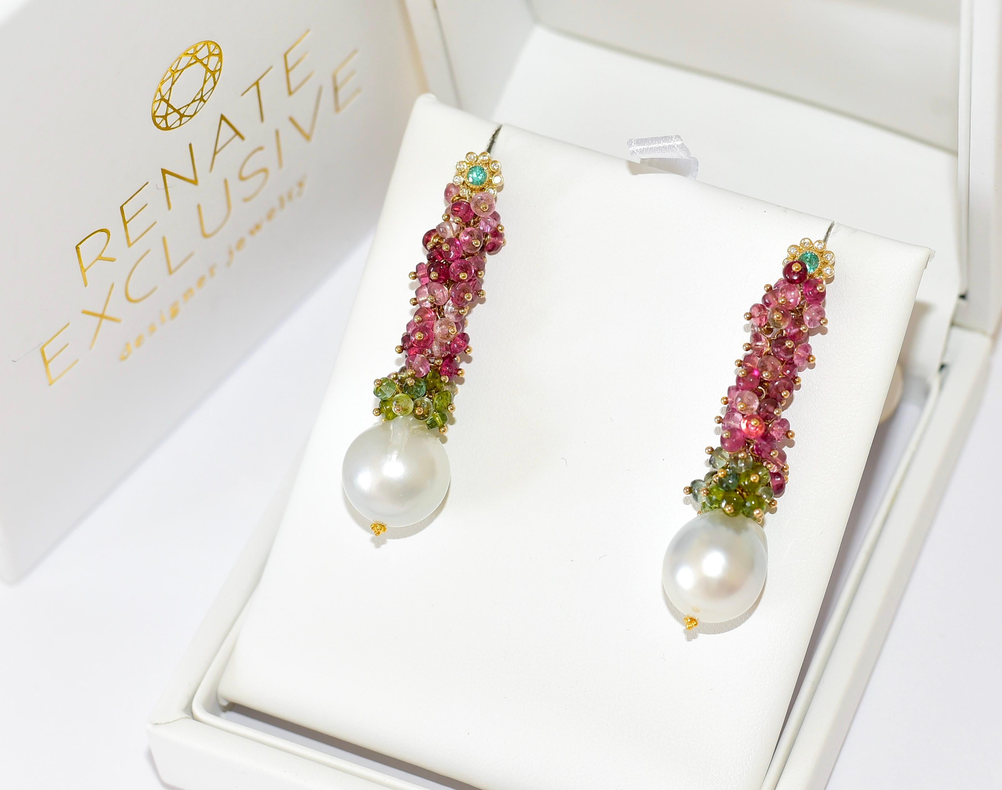 White South Sea Pearl, Tourmalines, Emerald, Diamonds Earrings in 14K Solid Gold 2