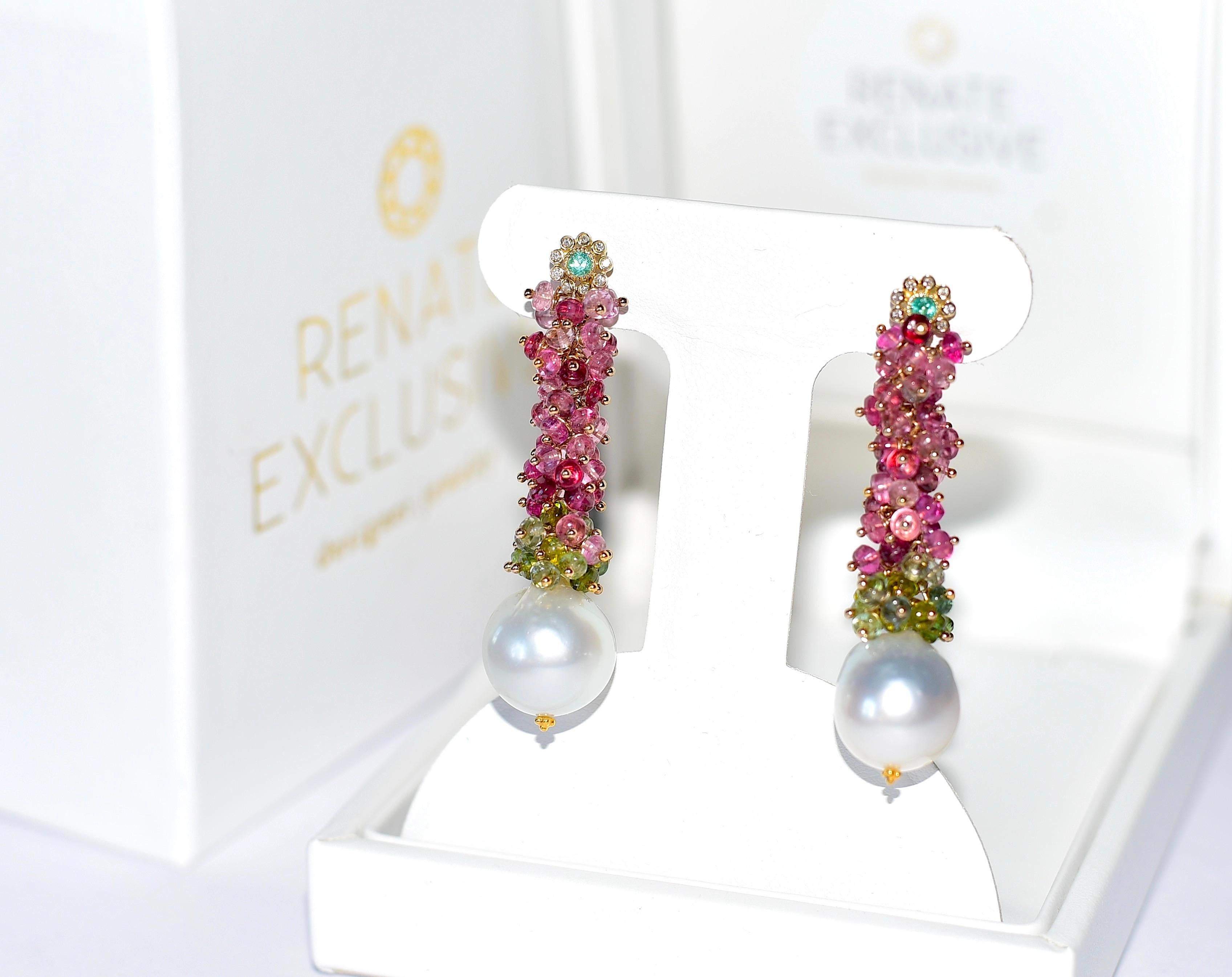 White South Sea Pearl, Tourmalines, Emerald, Diamonds Earrings in 14K Solid Gold 4