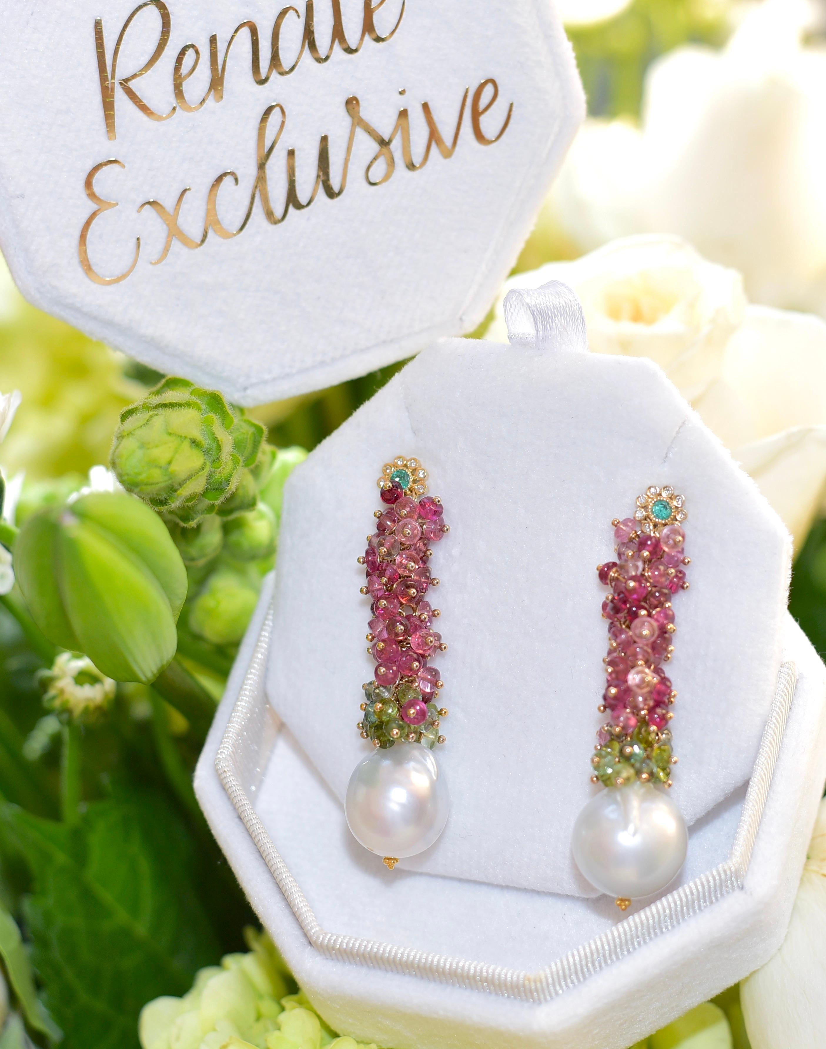White South Sea Pearl, Tourmalines, Emerald, Diamonds Earrings in 14K Solid Gold 6