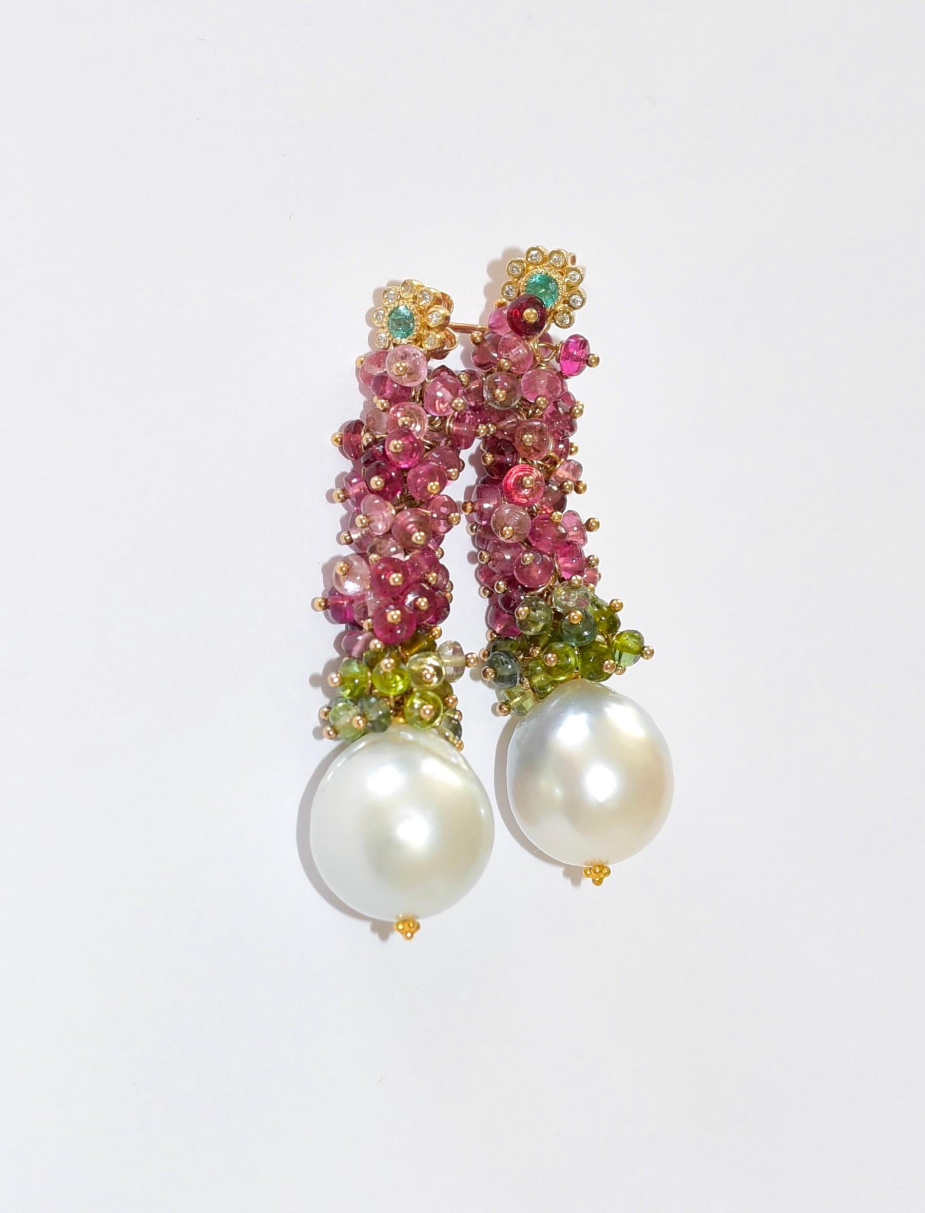 White South Sea Pearl, Tourmalines, Emerald, Diamonds Earrings in 14K Solid Gold 1