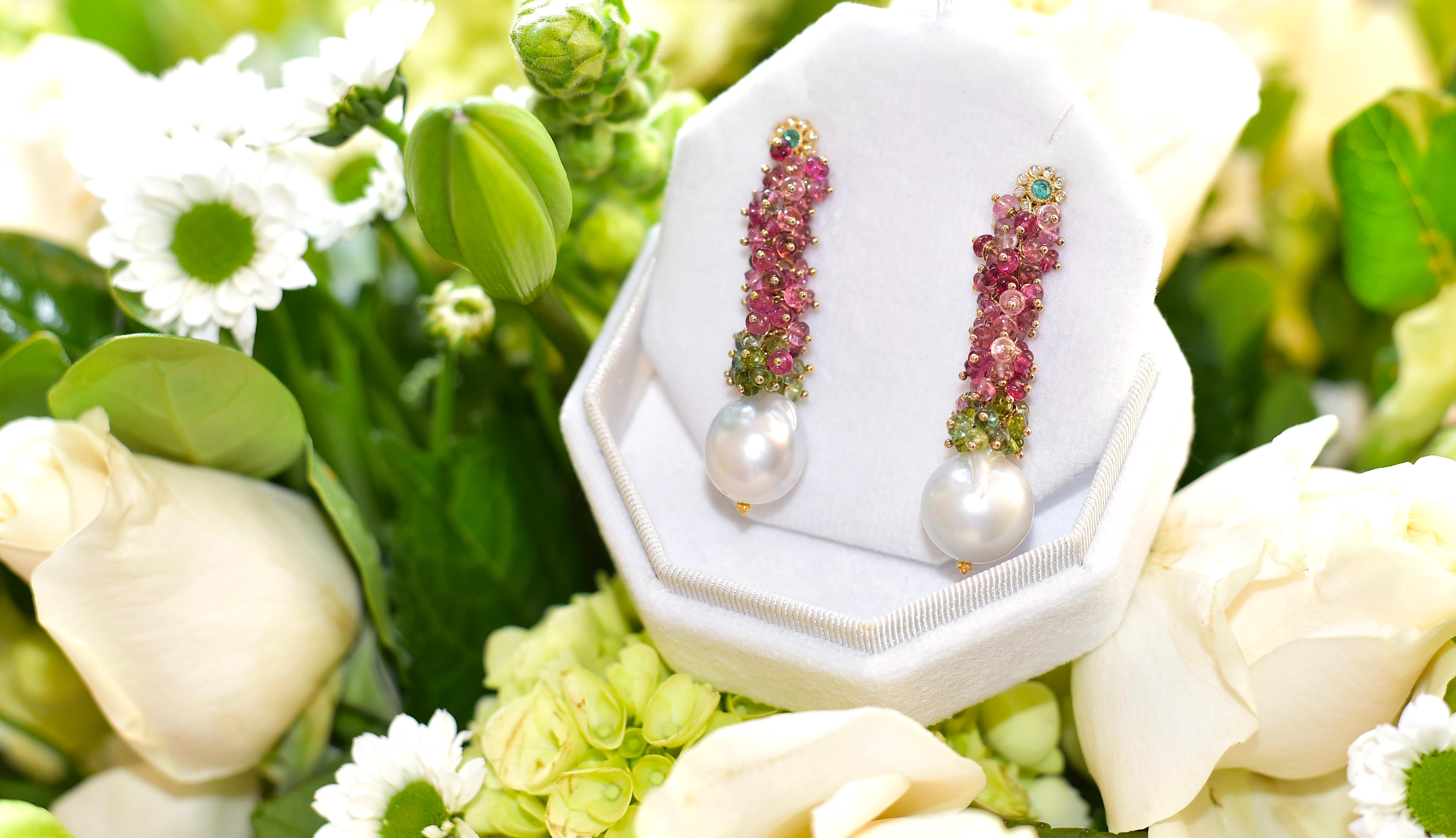Bead White South Sea Pearl, Tourmalines, Emerald, Diamonds Earrings in 14K Solid Gold