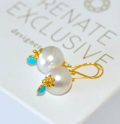 White South Sea Pearl, Turquoise Earrings in 18K Solid Yellow Gold