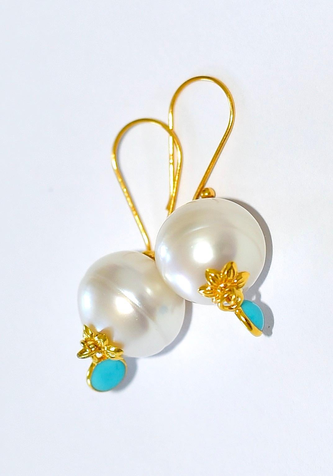 Modern White South Sea Pearl, Turquoise Earrings in 18K Solid Yellow Gold For Sale