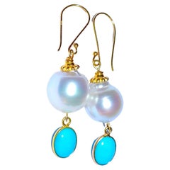 White South Sea Pearl, Turquoise Earrings in 18K Solid Yellow Gold