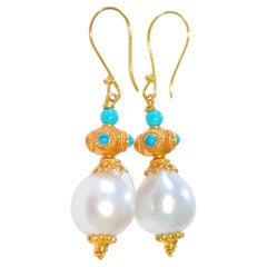 White South Sea Pearl, Turquoise Earrings in 18K Solid Yellow Gold 