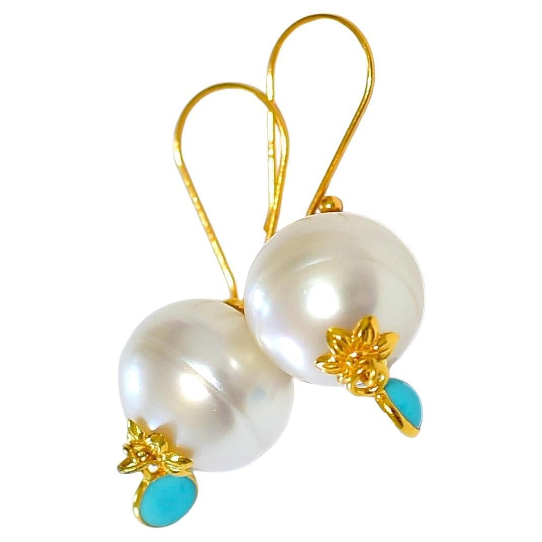 White South Sea Pearl, Turquoise Earrings in 18K Solid Yellow Gold For Sale