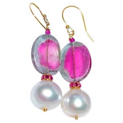 White South Sea Pearl, Watermelon Tourmaline Earrings in 14k Solid yellow Gold