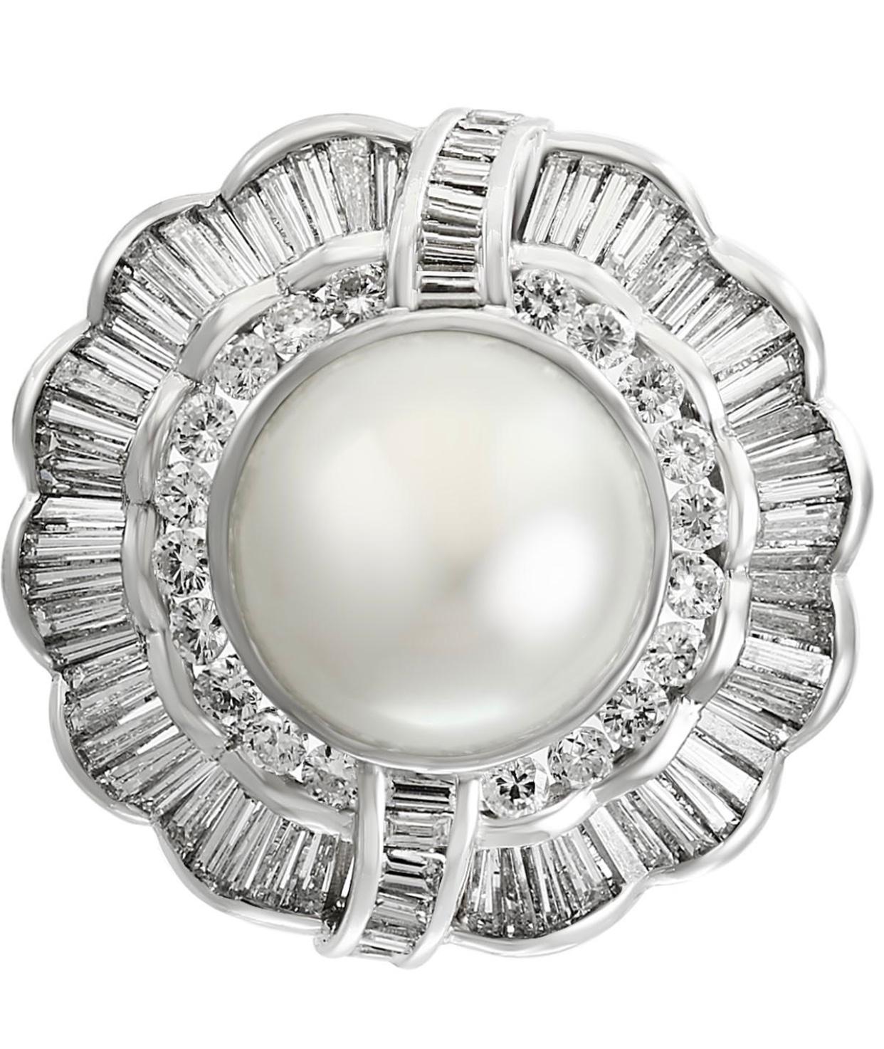 Round Cut White South Sea Pearl with 12 Carat Diamond Cocktail Earrings 18 Karat Gold For Sale
