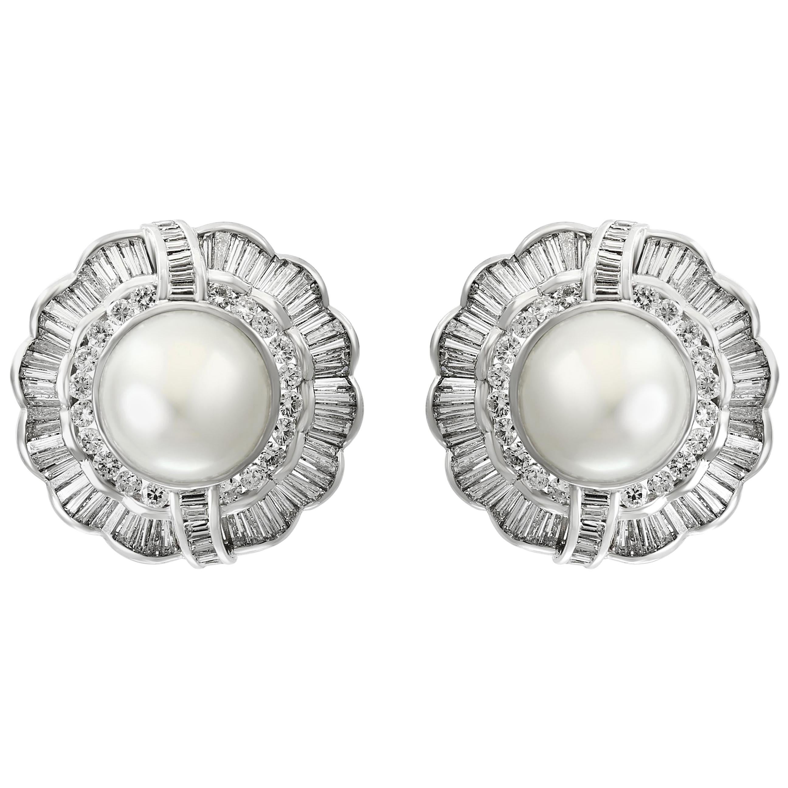 White South Sea Pearl with 12 Carat Diamond Cocktail Earrings 18 Karat Gold