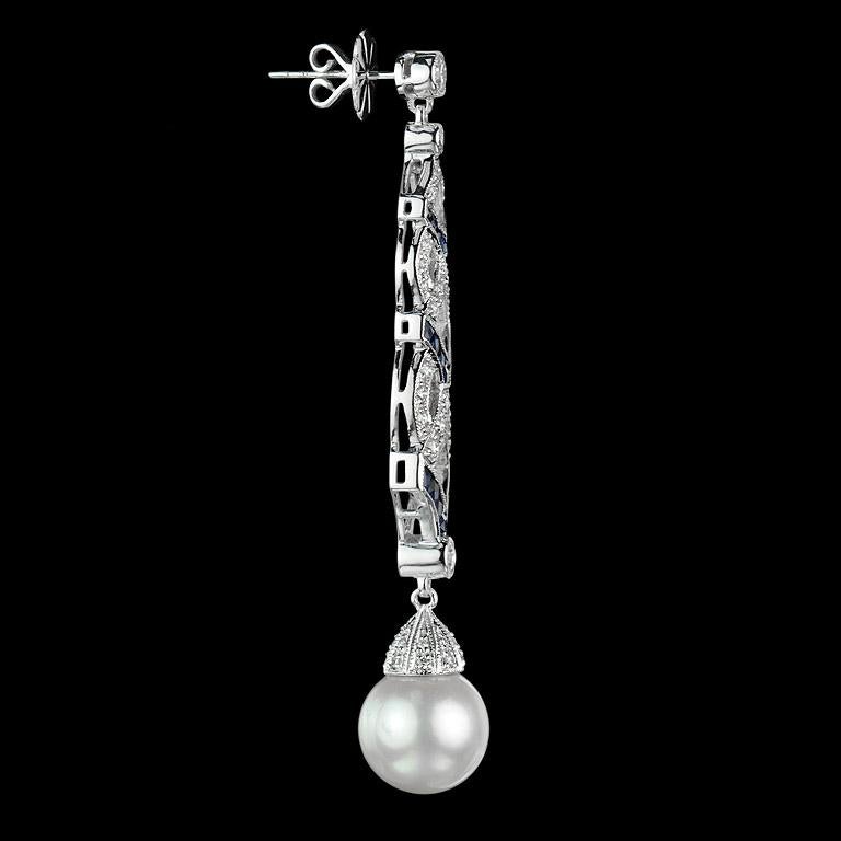 Art Deco White South Sea Pearl with Blue Sapphire & Diamond Drop 18K White Gold Earrings For Sale