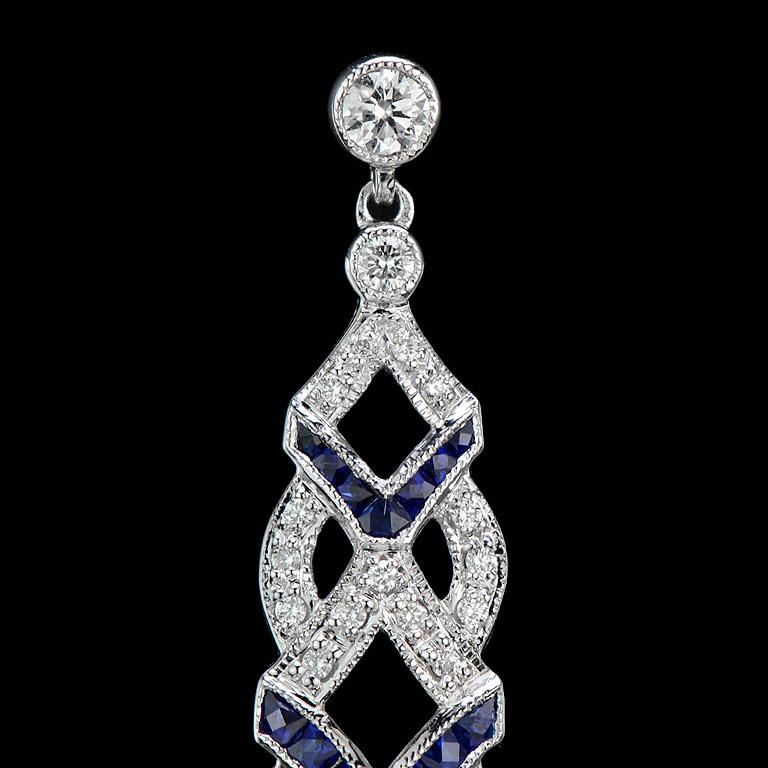 Round Cut White South Sea Pearl with Blue Sapphire & Diamond Drop 18K White Gold Earrings For Sale
