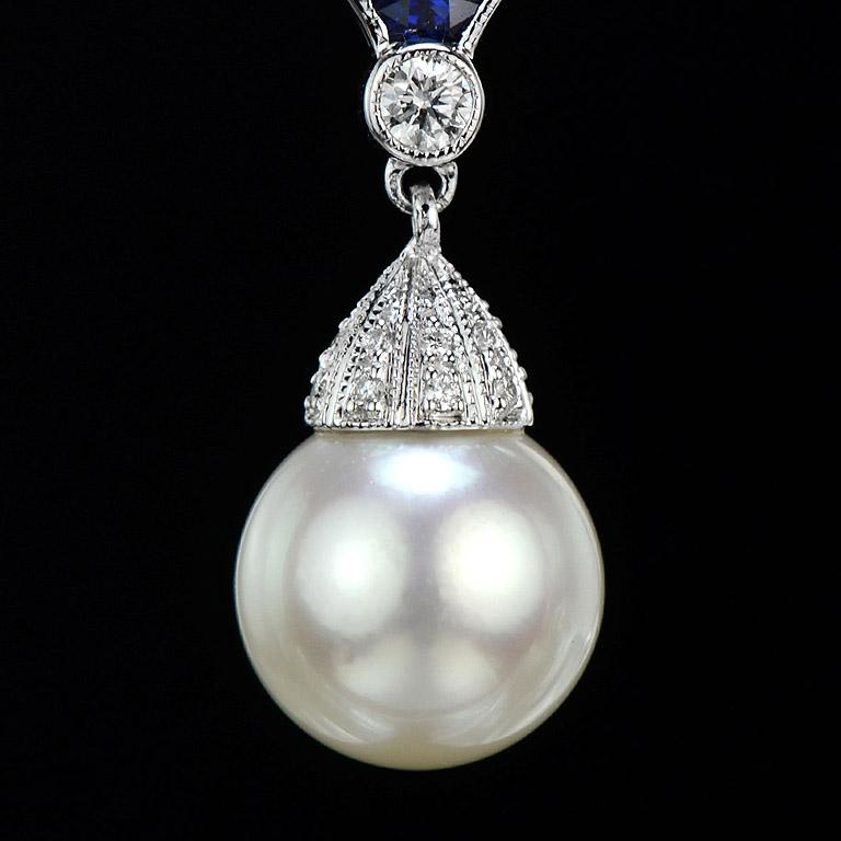 Women's White South Sea Pearl with Blue Sapphire & Diamond Drop 18K White Gold Earrings For Sale