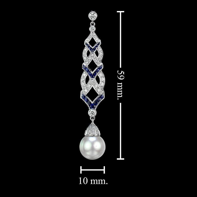 White South Sea Pearl with Blue Sapphire & Diamond Drop 18K White Gold Earrings For Sale 1