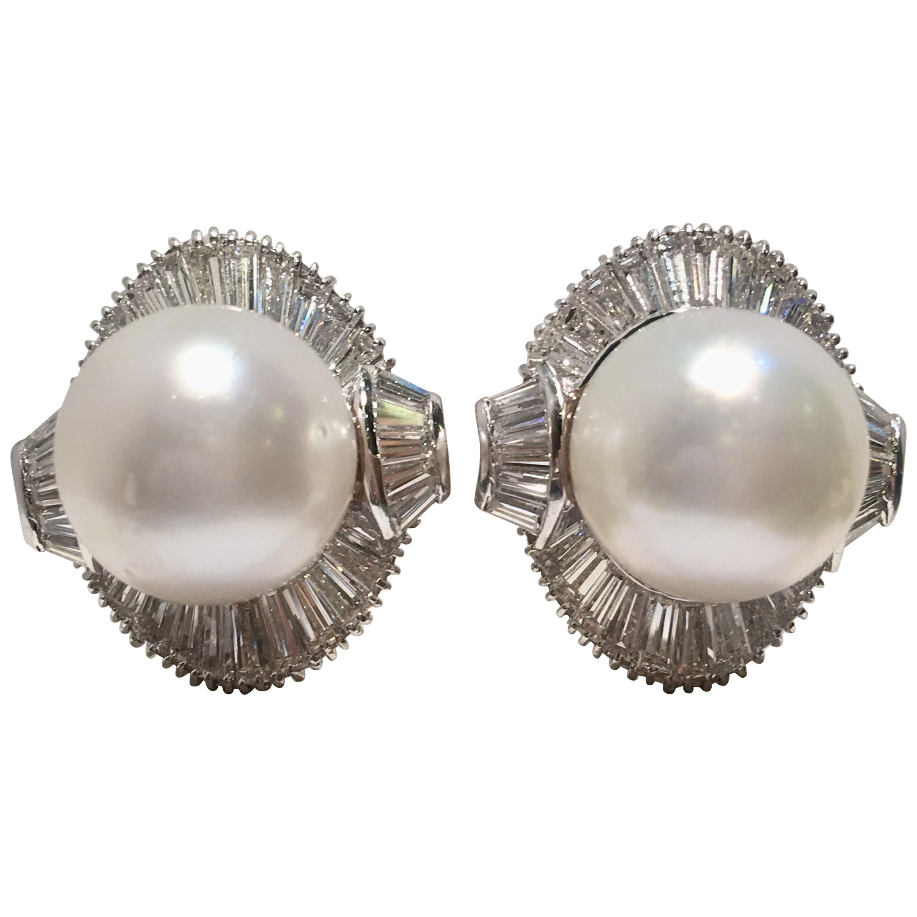 White South Sea Pearls and 4.5 Carat Diamond 18 Karat White Gold Earrings