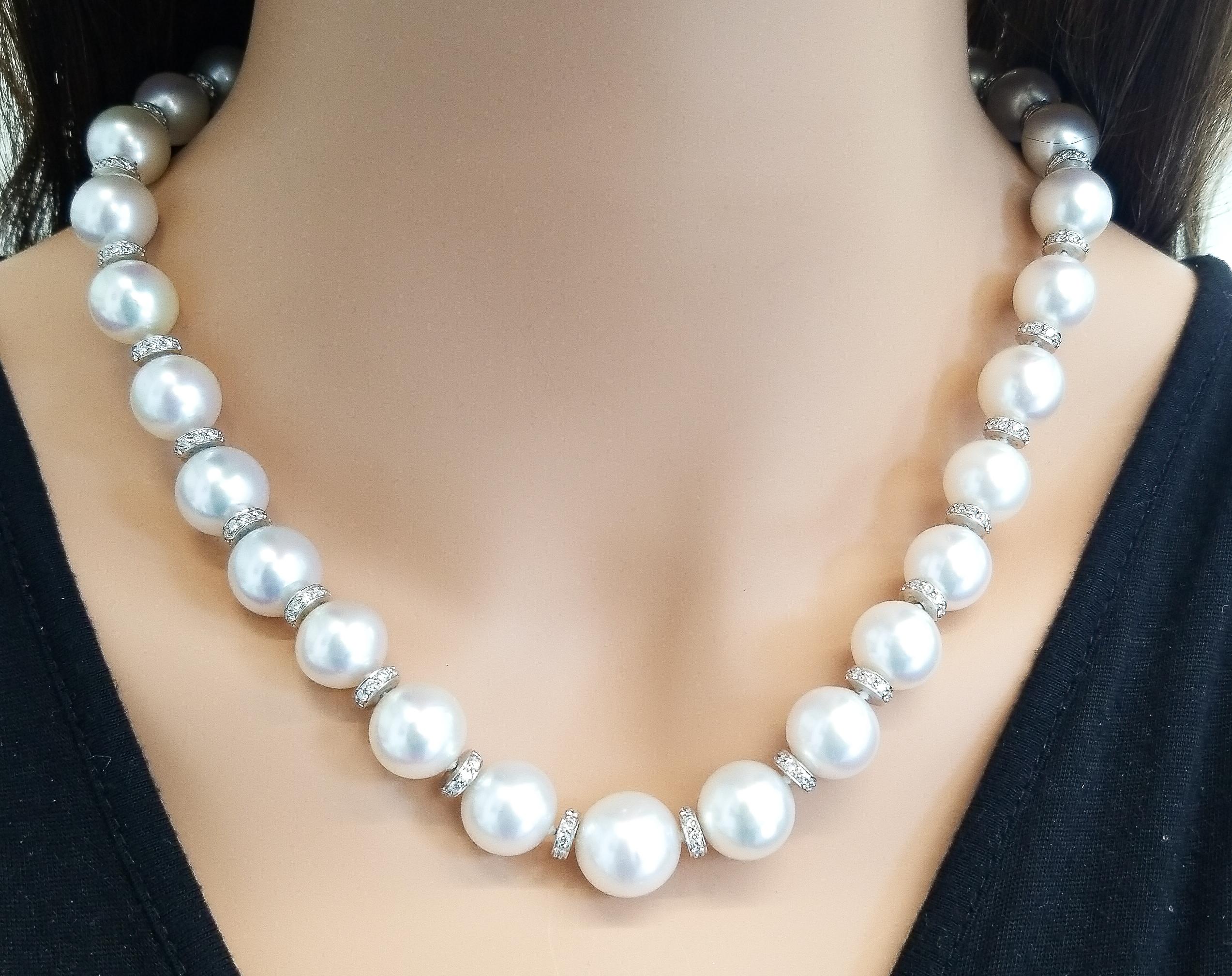 Women's White South Sea Pearls and Diamond Necklace in 18 Karat White Gold