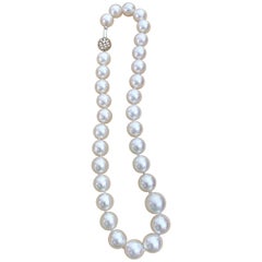 Retro White South Sea Pearls Long Strand Necklace 14 Karat Gold Clasp