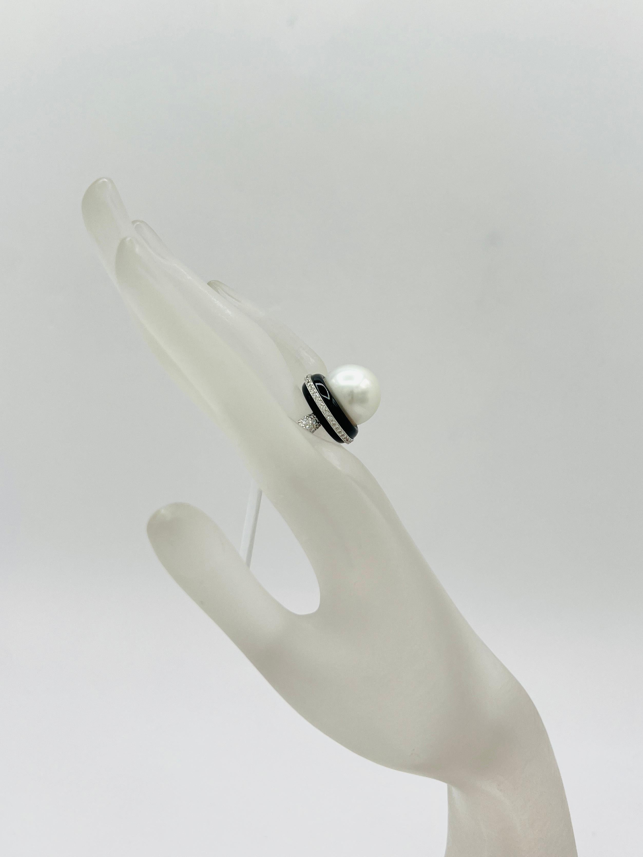 Round Cut White South Sea Round Pearl, White Diamond, and Black Onyx Cocktail Ring in 18k For Sale