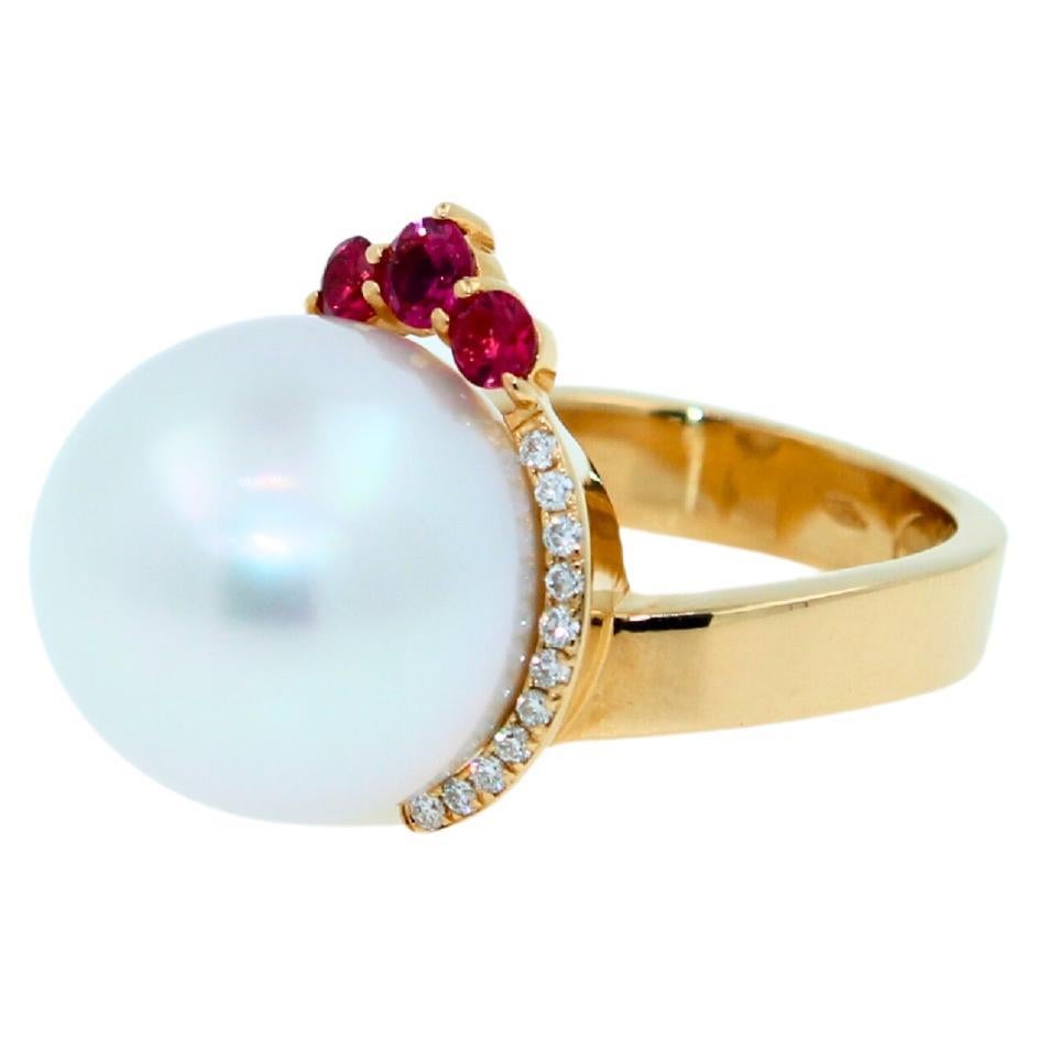 Art Deco White South Sea Pearl Diamond Halo Comet Form Pink Red Spinel 18 Karat Gold Ring For Sale