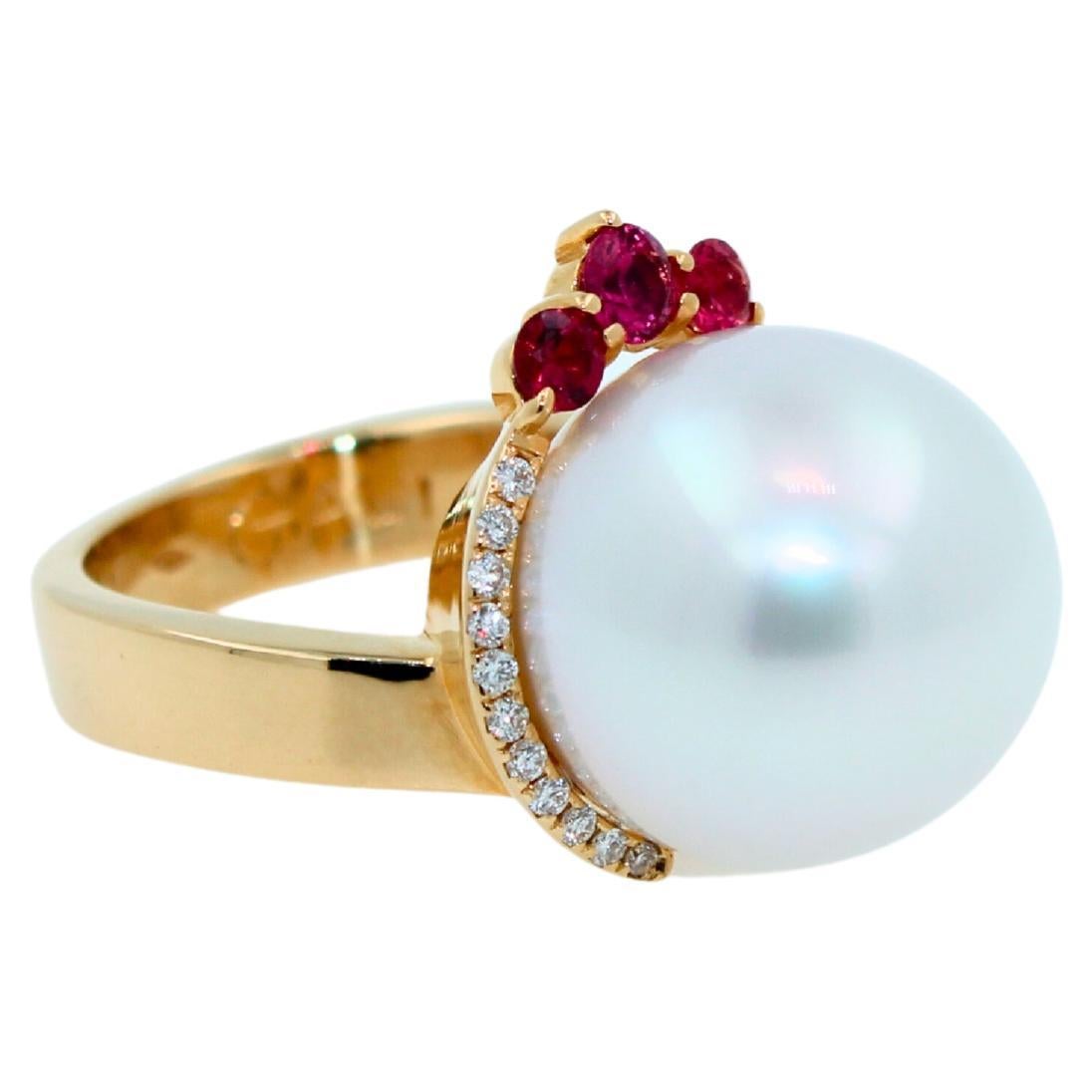 Round Cut White South Sea Pearl Diamond Halo Comet Form Pink Red Spinel 18 Karat Gold Ring For Sale