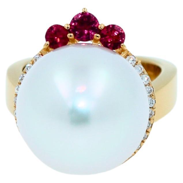 White South Sea Pearl Diamond Halo Comet Form Pink Red Spinel 18 Karat Gold Ring For Sale