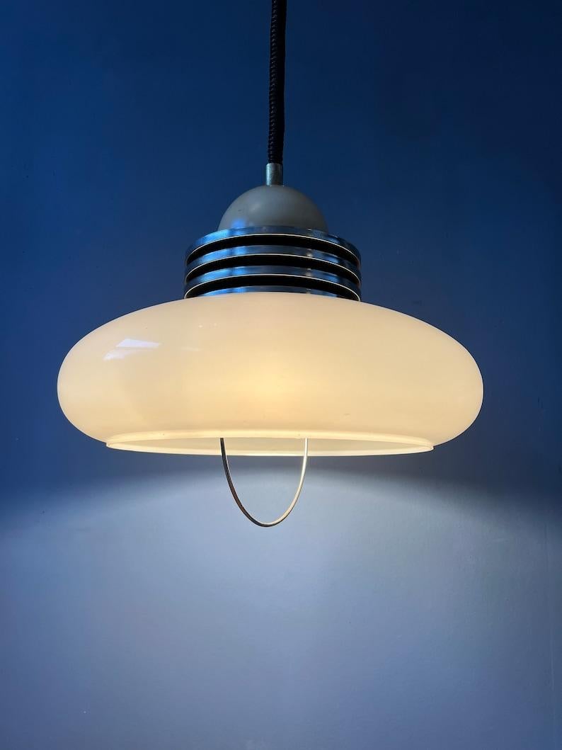 White Space Age Pendant Lamp with Plexiglass Shade and Chrome Top Cap, 1970s In Good Condition For Sale In ROTTERDAM, ZH