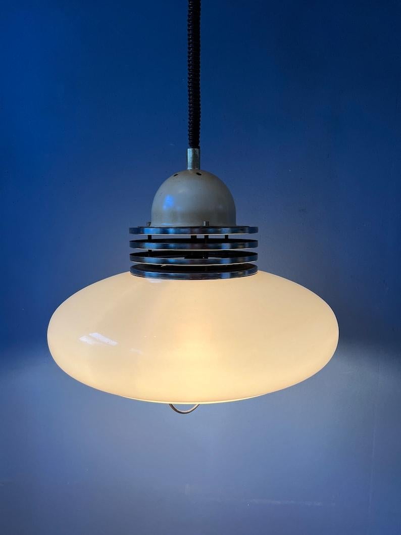 20th Century White Space Age Pendant Lamp with Plexiglass Shade and Chrome Top Cap, 1970s For Sale